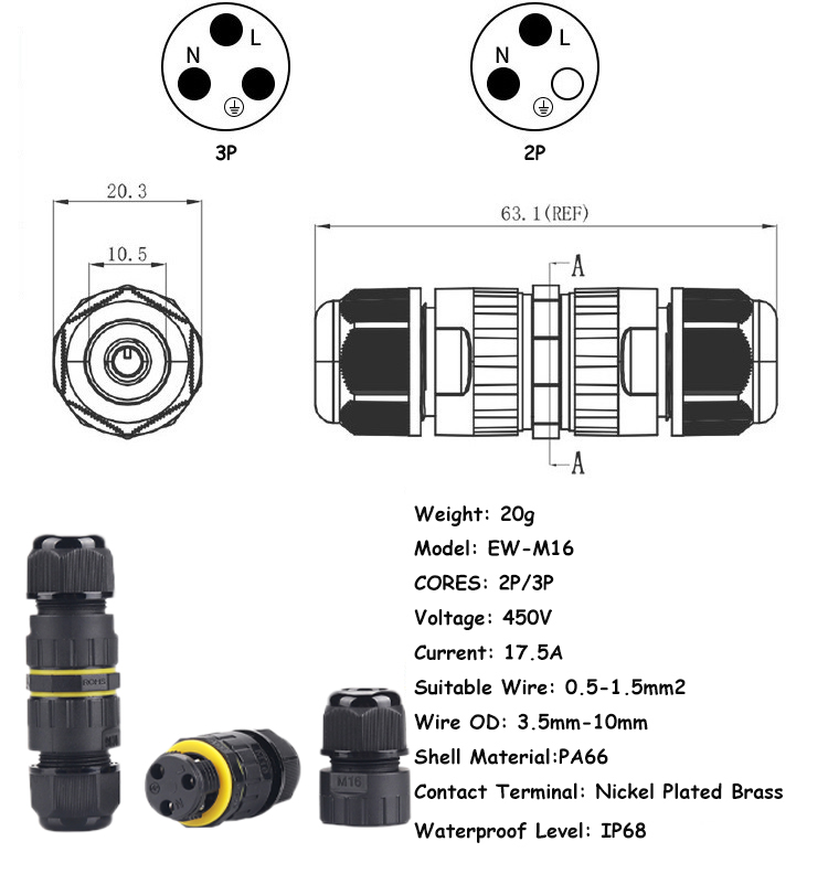 Landscape Lighting Waterproof Junction Box Outdoor Cable Connector IP68 2 Pin 3 Pin factory