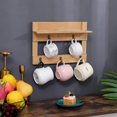 Solid Wood Bamboo Wooden Wall Mounted Mug Cup Organizer Home Decoration Kitchenware supplier