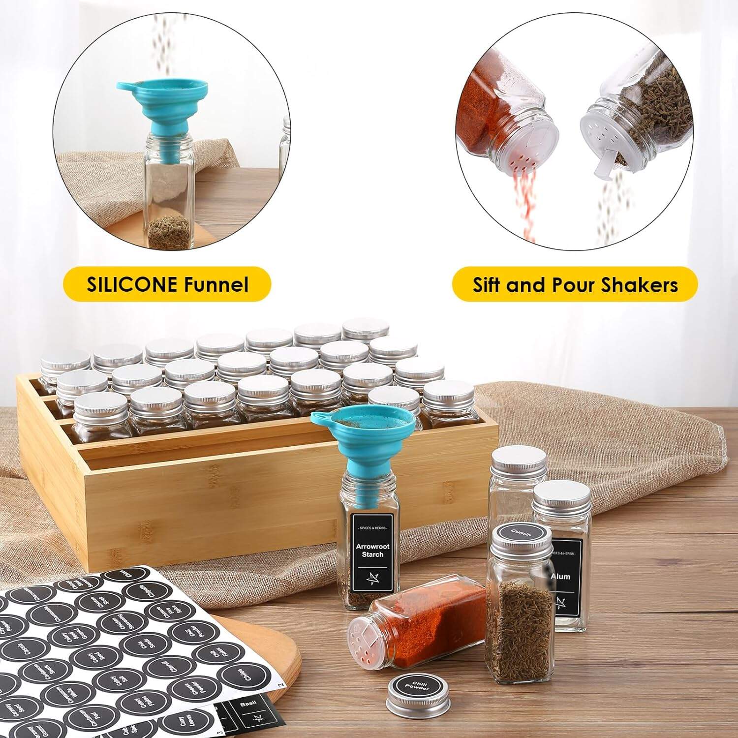 Bamboo Spice Rack Box Organizer Hanging Shelf With 28 Spice Jars for Drawer Cabinet Kitchen Countertop Wall Mount Spice Holder factory