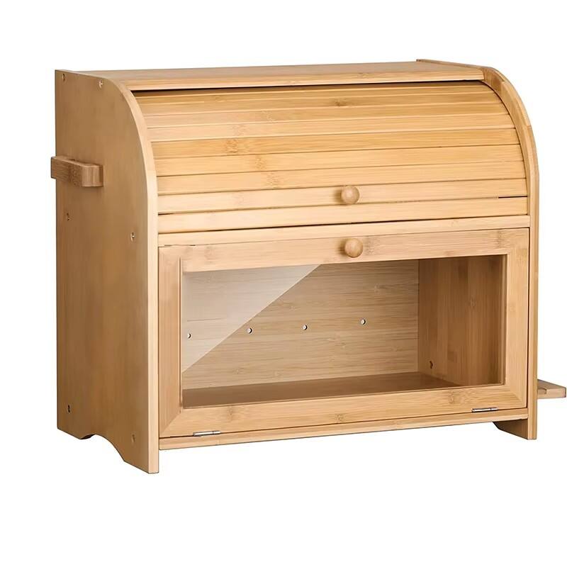 product large capacity bamboo bread box with drawer knife holder roll top design food safe space saving for kitchen countertop storage-7