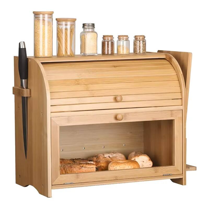 product large capacity bamboo bread box with drawer knife holder roll top design food safe space saving for kitchen countertop storage-3