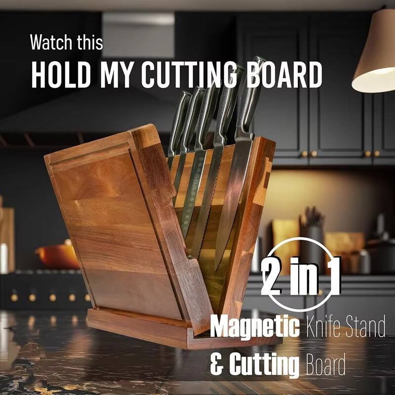 2-in-1 Magnetic Large Acacia Wood Knife Block with Built-in Cutting Board Kitchen Countertop Organizer for Knives Chopping Board supplier