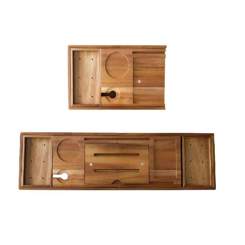 Elegant Acacia Wood Bathtub Caddy Extending Sides Double Cup Tablet Holder Wholesale Foldable Bath Tray for Home Bathroom Use details