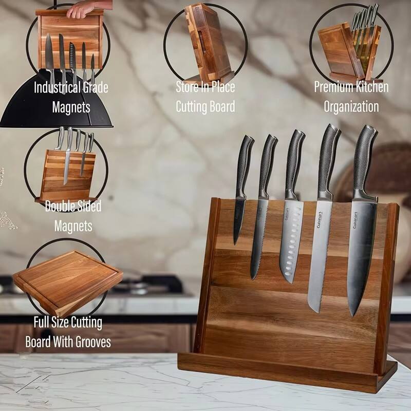 2-in-1 Magnetic Large Acacia Wood Knife Block with Built-in Cutting Board Kitchen Countertop Organizer for Knives Chopping Board details