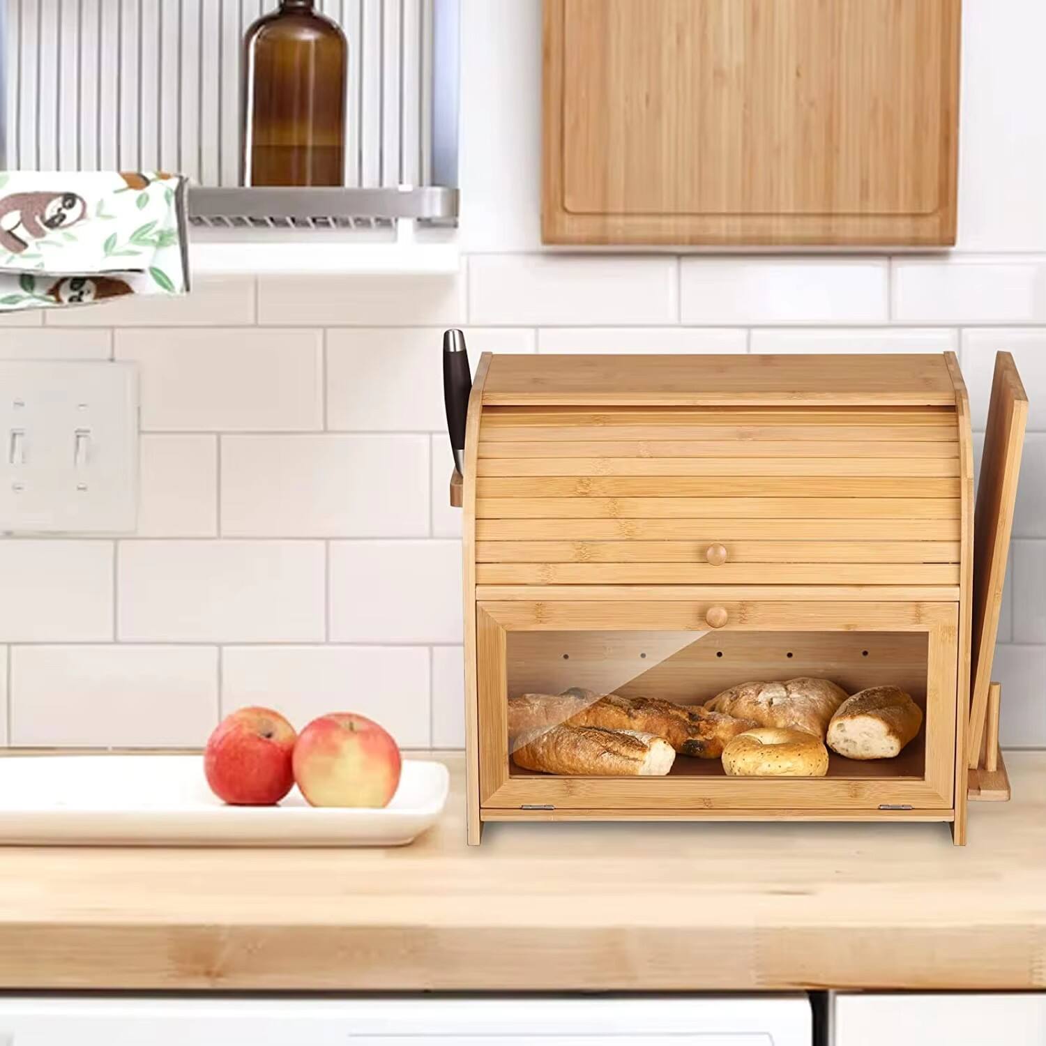product large capacity bamboo bread box with drawer knife holder roll top design food safe space saving for kitchen countertop storage-2