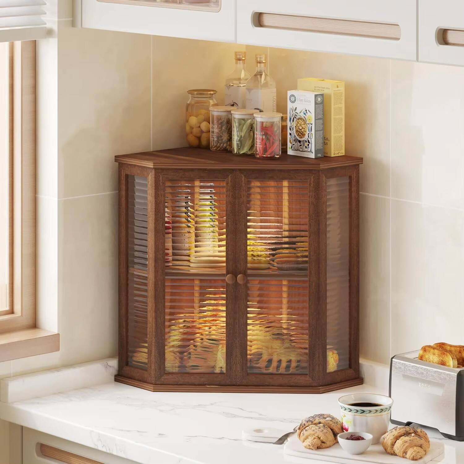 product wholesale 2 layers acacia wood lacquer finish eco friendly food storage container corner bread box large capacity for kitchen-9