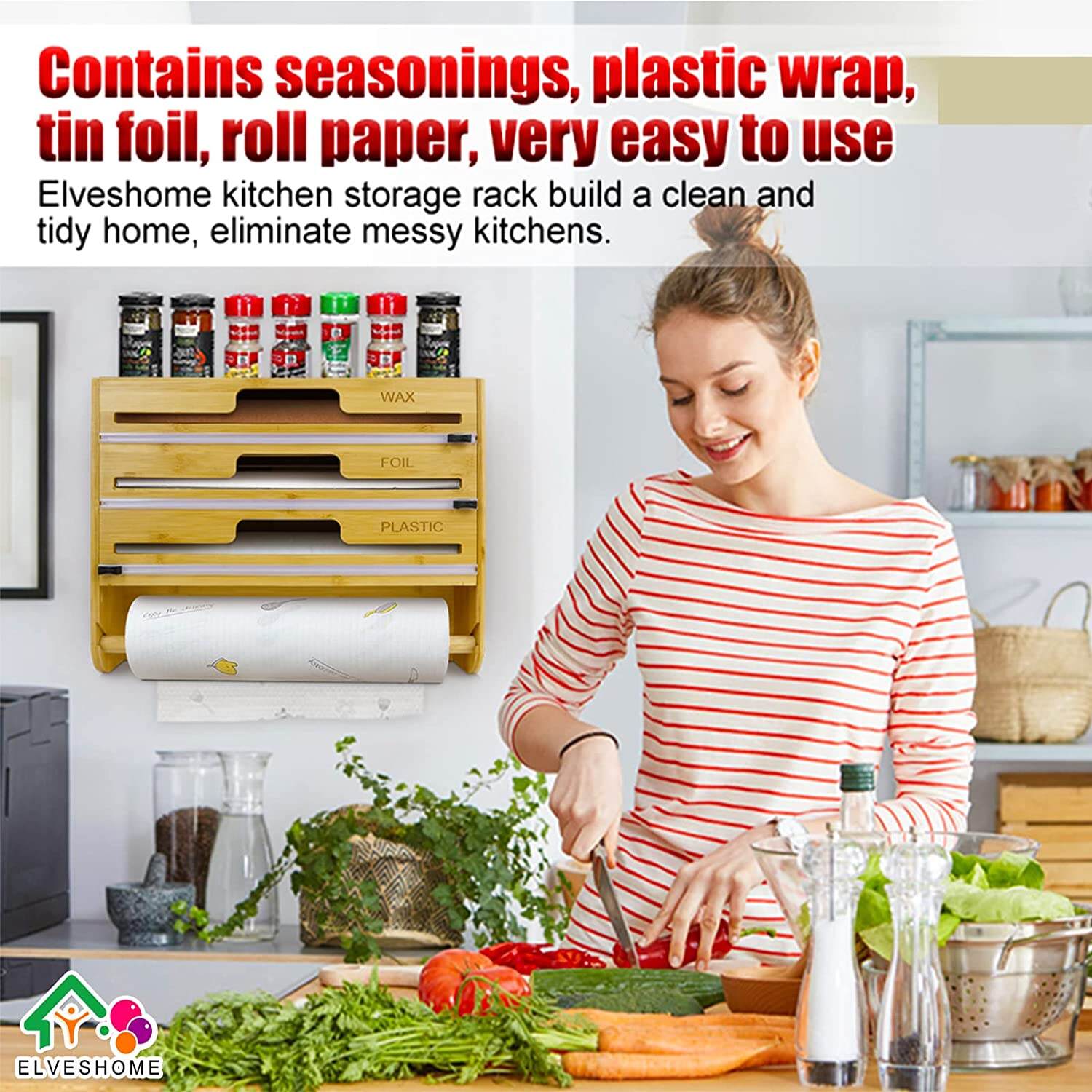 4-in-1 Bamboo Wrap Dispenser with Cutter & Spice Rack Wall Mount/Countertop Foil Plastic Wax Paper Organizer for Kitchen Storage factory