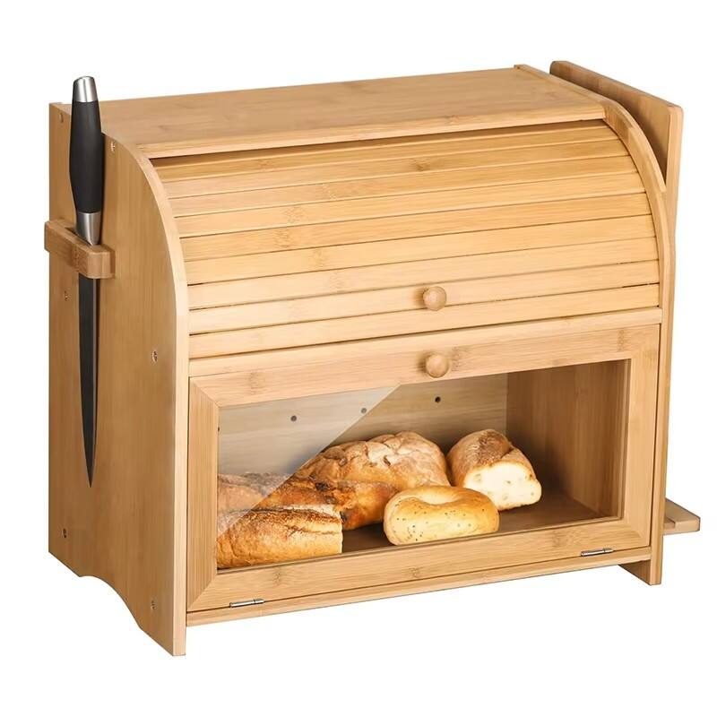 product large capacity bamboo bread box with drawer knife holder roll top design food safe space saving for kitchen countertop storage-4