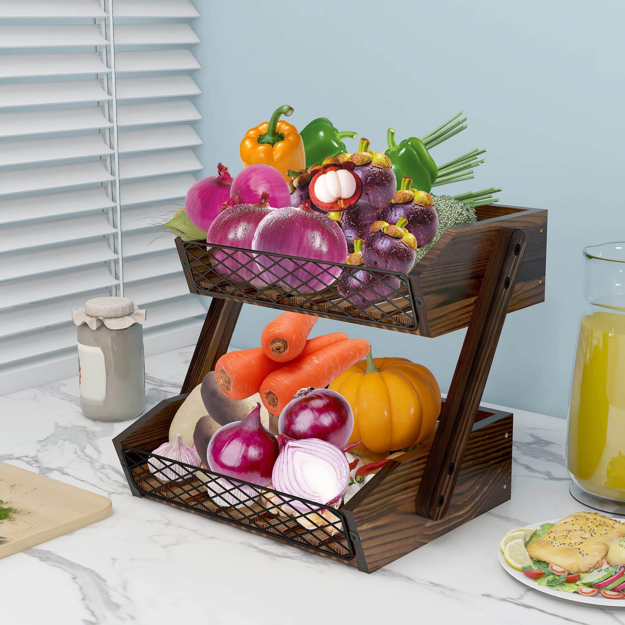 product custom 2 tier wooden fruit basket stand kitchen countertop produce storage organizer for vegetables snacks-4