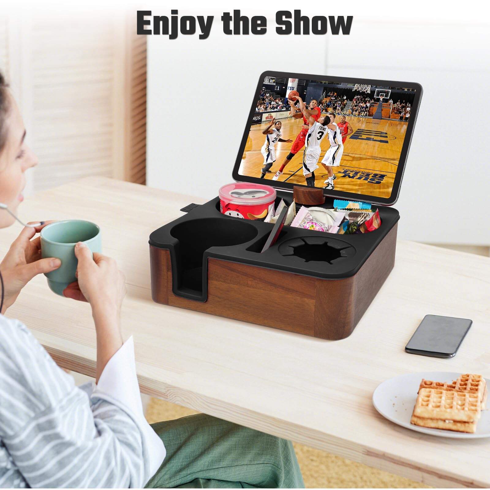 product custom couch cup holder with phone stand sofa snack tray with remote control storage couch caddy sofa organizer for living room-6