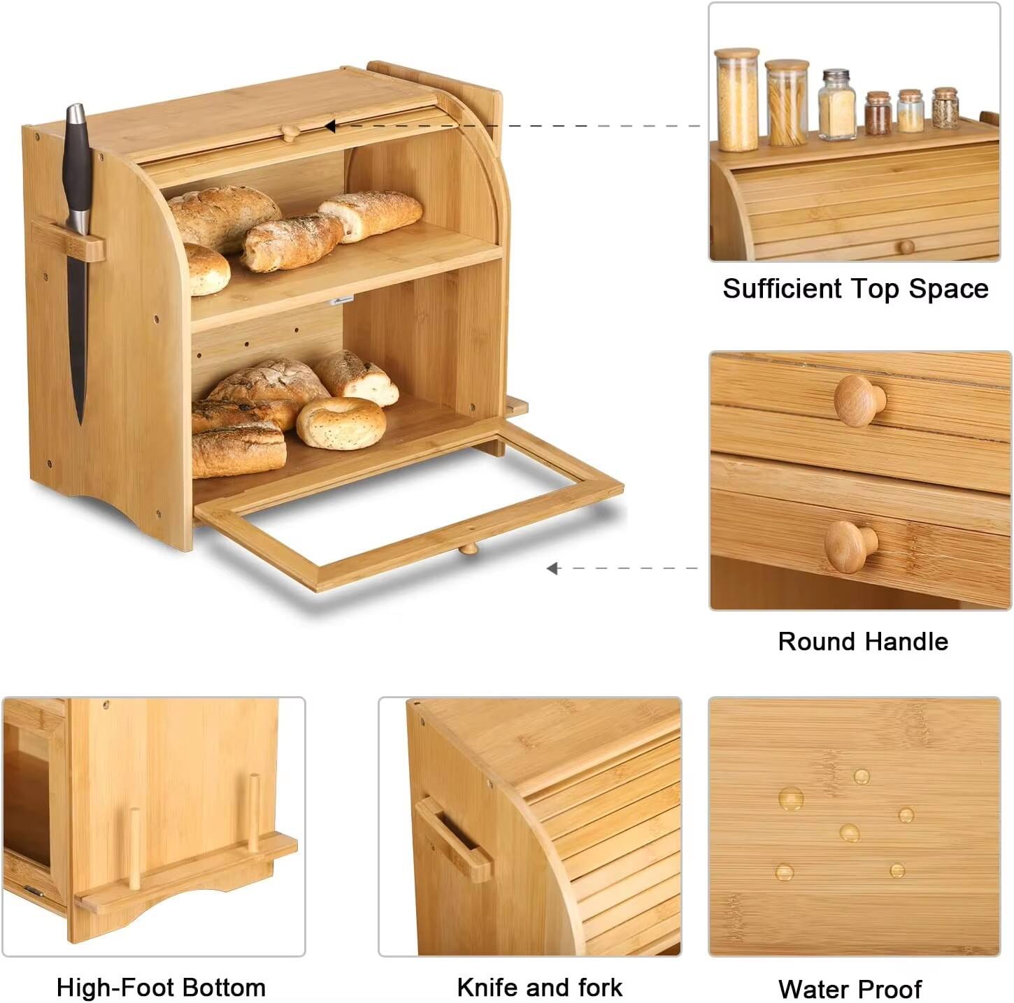product large capacity bamboo bread box with drawer knife holder roll top design food safe space saving for kitchen countertop storage-5