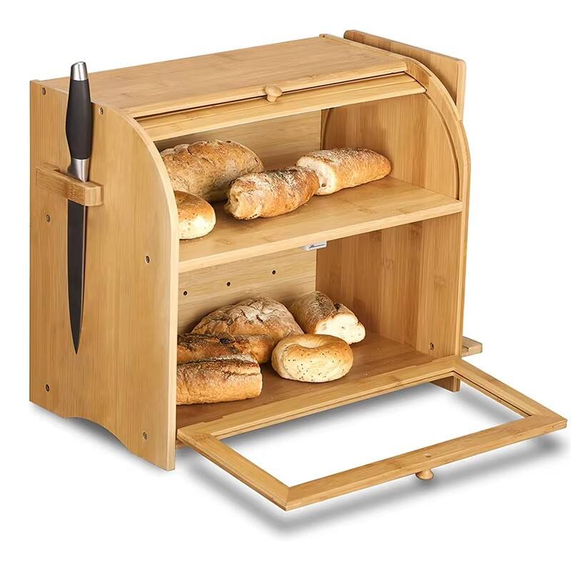 product large capacity bamboo bread box with drawer knife holder roll top design food safe space saving for kitchen countertop storage-6