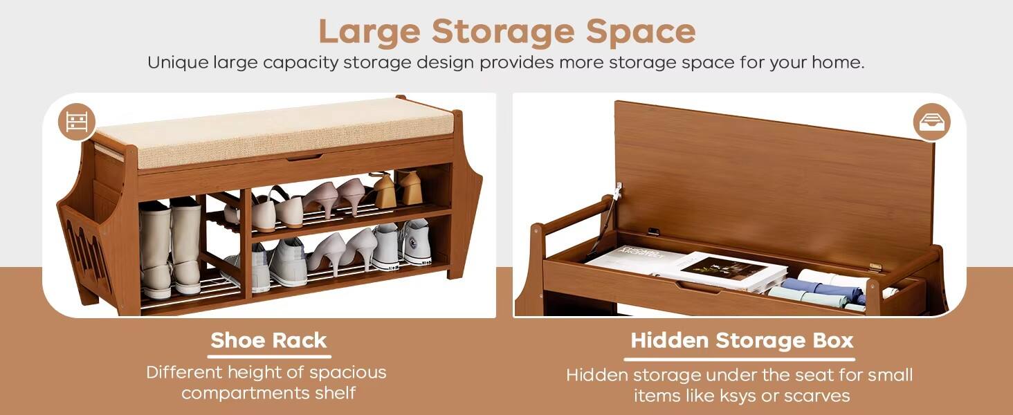 3-Layer Bamboo Shoe Rack Concealed Drawer Storage Platform Cushion for Home Entry Living Room Multi-Purpose Shoe Organizer details