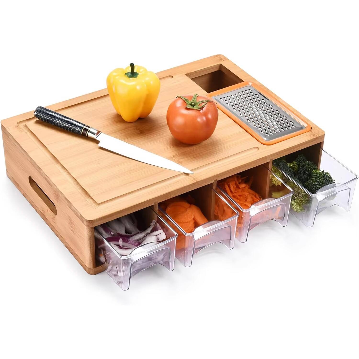 Bamboo Kitchen Cutting Board with Storage Drawers & Built-in Grater Multifunctional Chopping Board for Vegetables, Fruits & Meat details