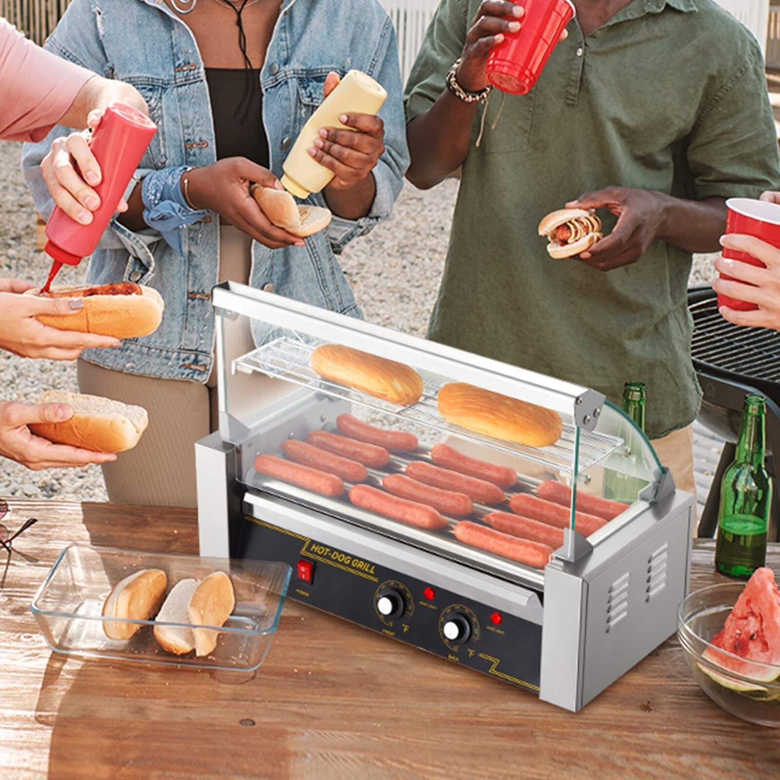 Chauffe-chignon industriel avec porte avec grille, Machine commerciale de cuisson de gril à saucisses électrique à 7 rouleaux pour Hot Dog