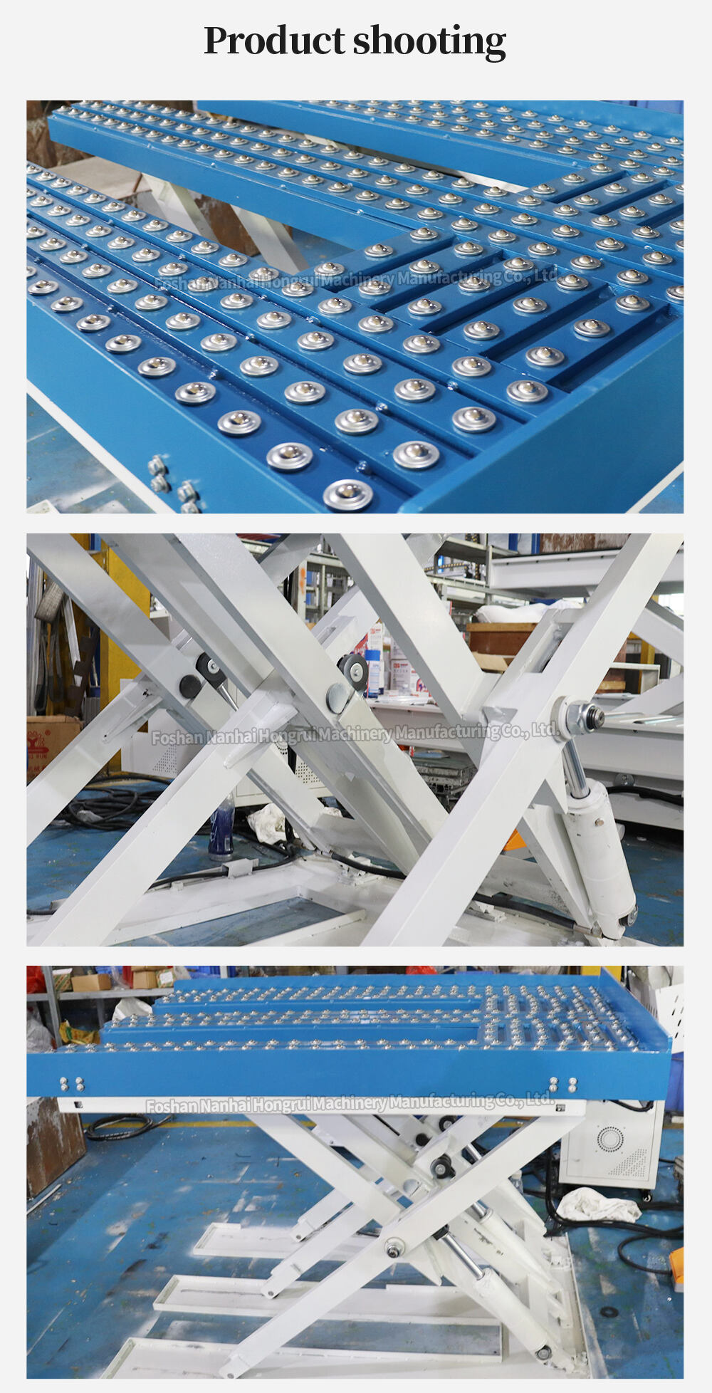 Woodworking hydraulic scissor type lifting table with roller conveyor used as feeder for panel saw and door cutting machine manufacture