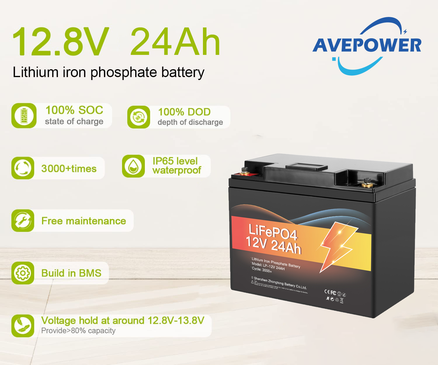 Avepower Rechargeable Lithium iron phosphate Batteries 12V 24Ah Golf Trolley LiFePO4 Battery Packs 12V 24Ah details