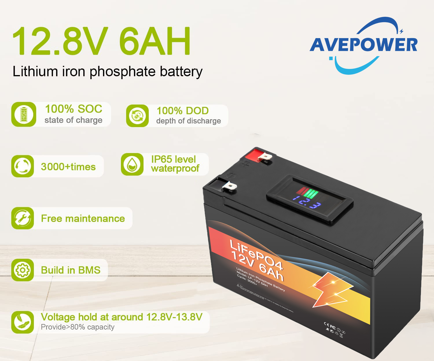 Avepower 12V 6Ah Lithium Battery Pack Rechargeable LiFePO4 Battery Pack With LCD Display details