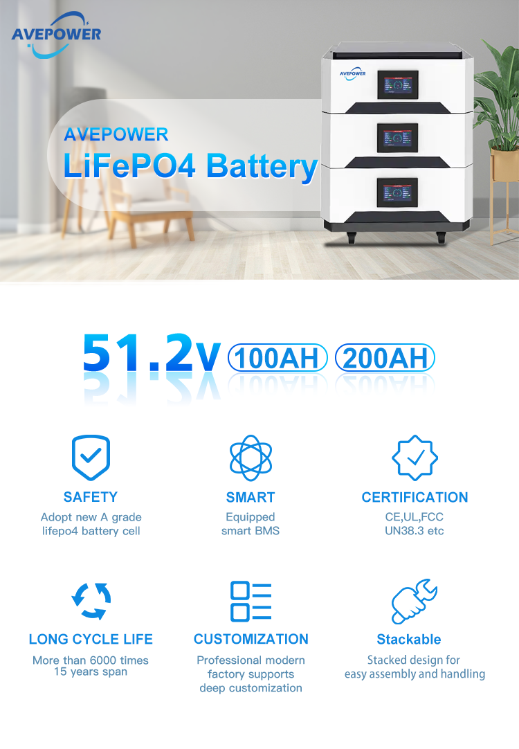 Avepower 51.2V 100Ah Lithium ion batteries  5Kwh Stackable Home Energy Storage System 48V LiFePO4 Battery supplier