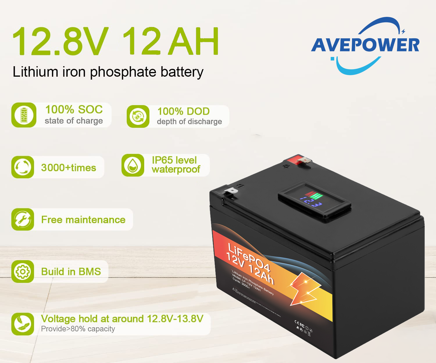 Avepwoer 12Ah Lifepo4 Lithium Battery Pack 12.8V solar energy system 12v Lithium Ion Battery supplier