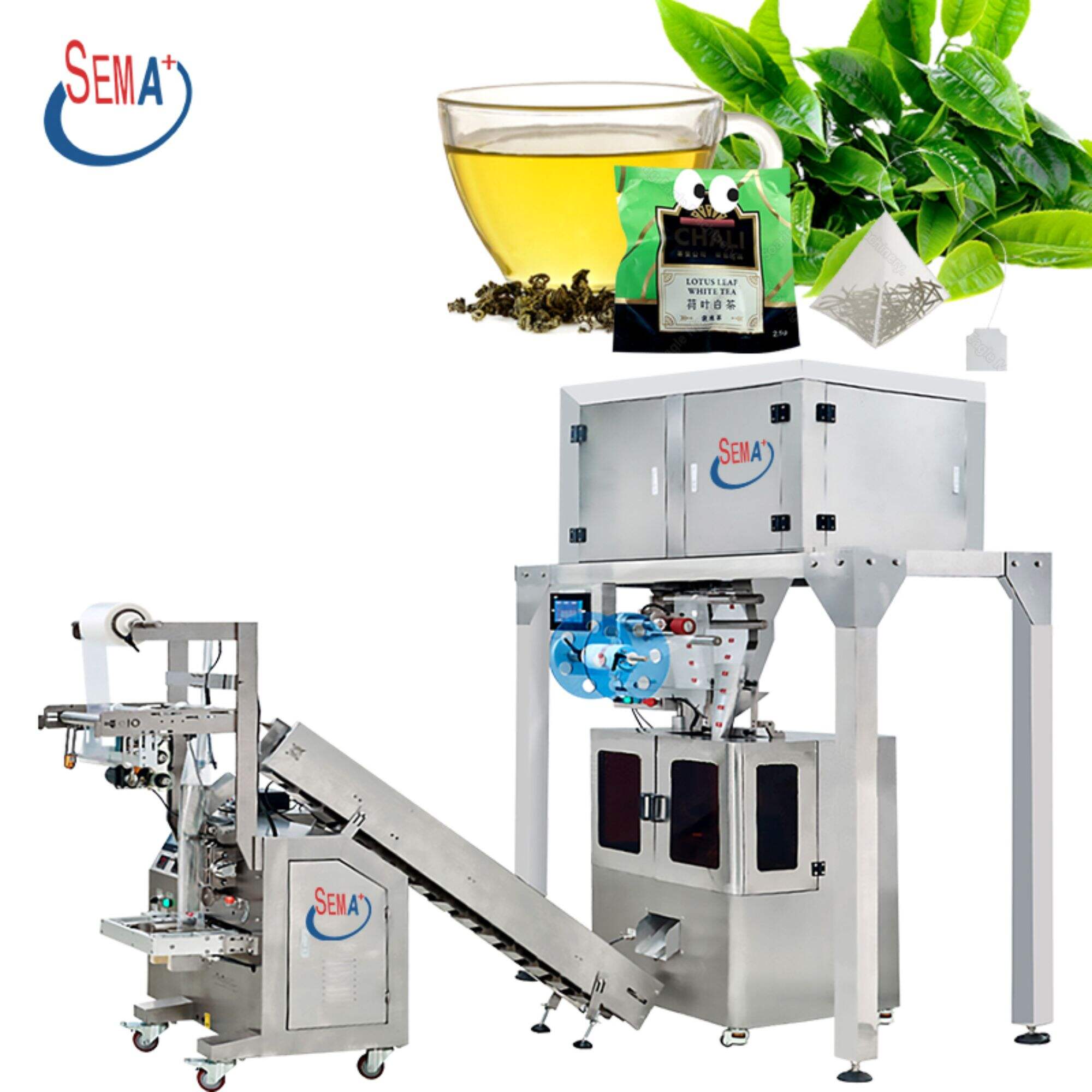 Full automatically 8 feeders triangle shape string tea bag sachet packing machine linking with outside sachet packing machine