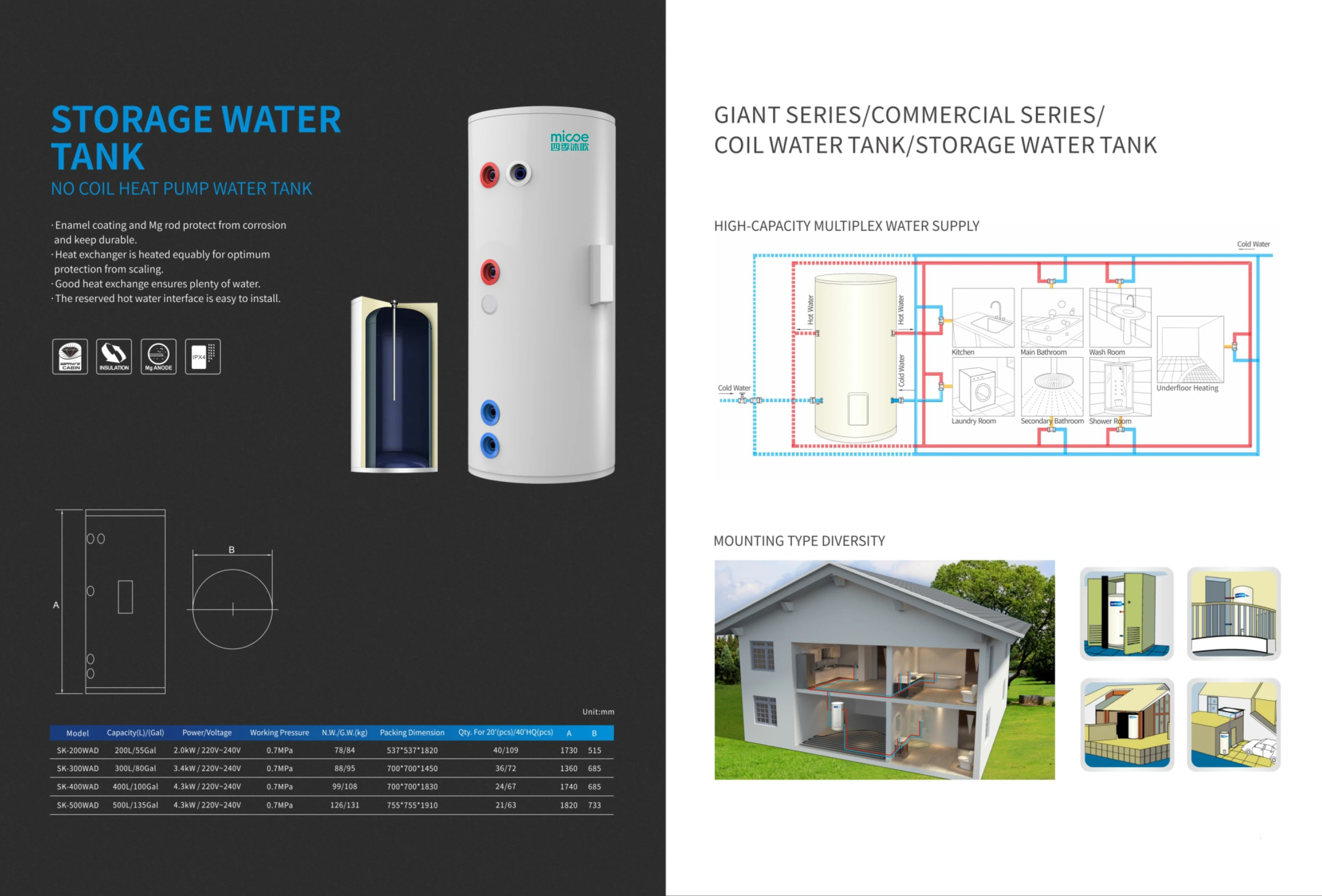 Micoe High quality stainless steel water tank portable electric water heater heat pump enamel storage buffer tank for heating details