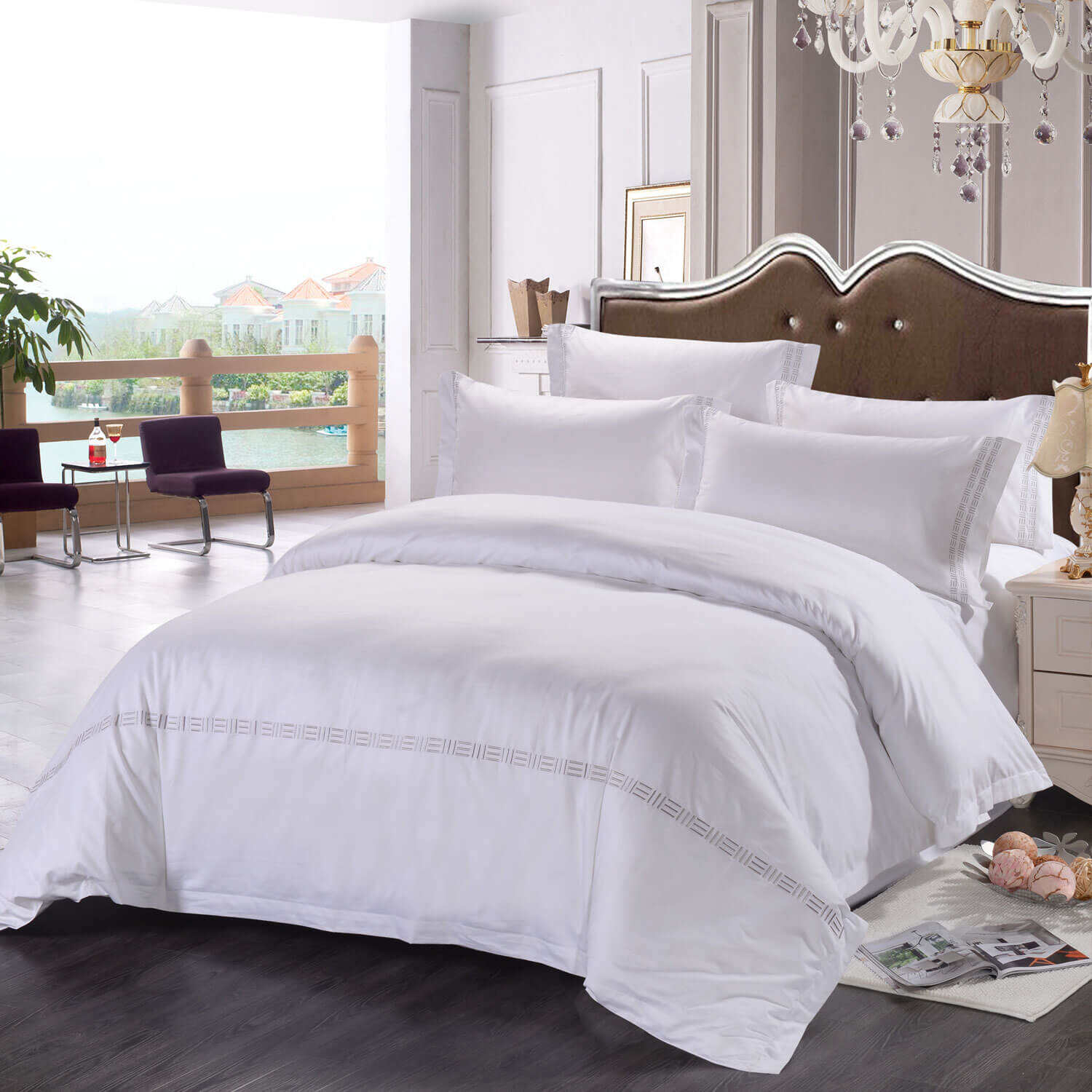 Hotel linen supplies size design comforter bedding set white 100% cotton bedsheet