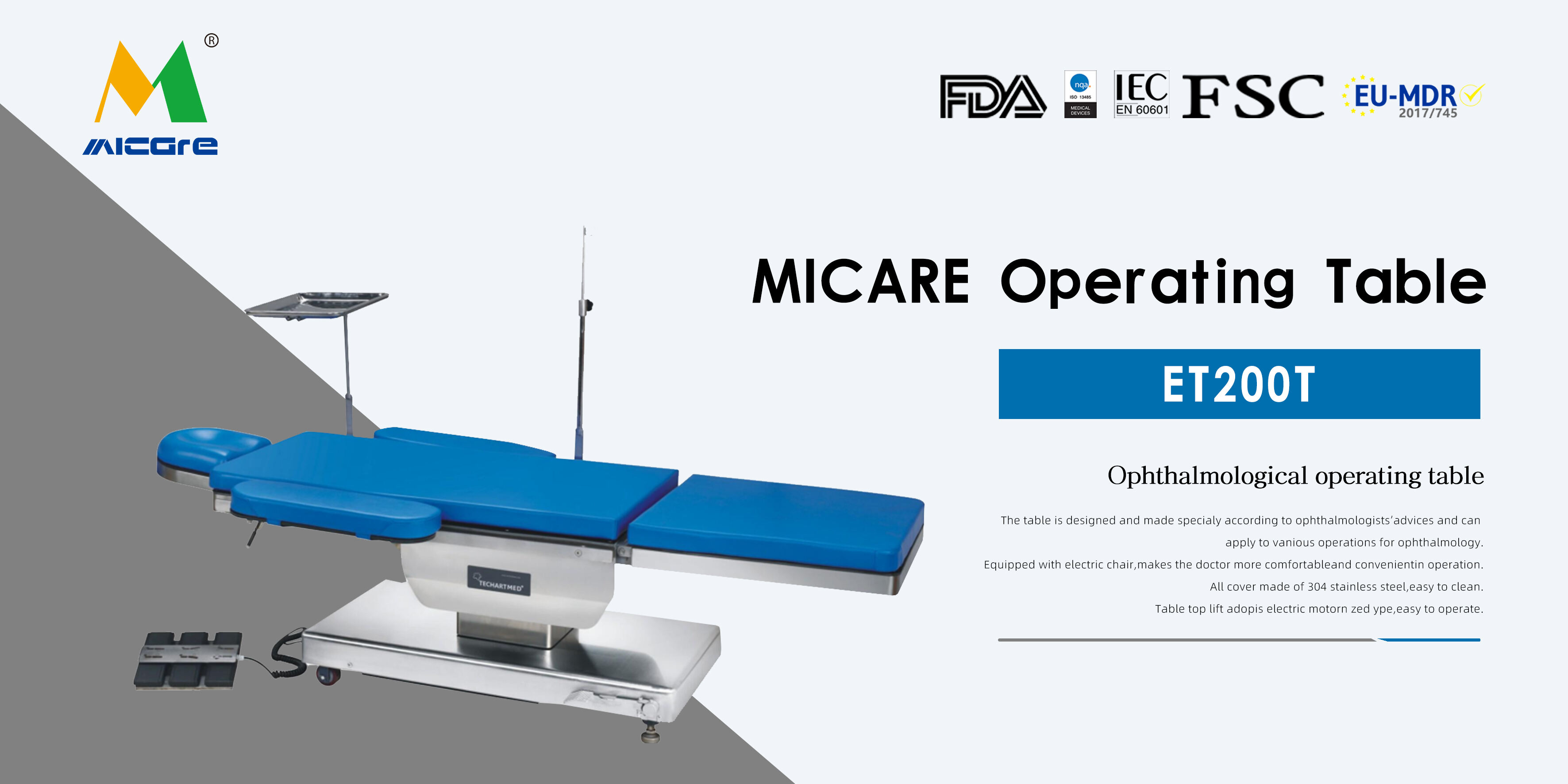 MICARE ET200T Oftalmolojik ameliyat masası Hastane Elektrikli Ayarlanabilir Ameliyat Masası Tıbbi Cerrahi Yatak tedarikçisi