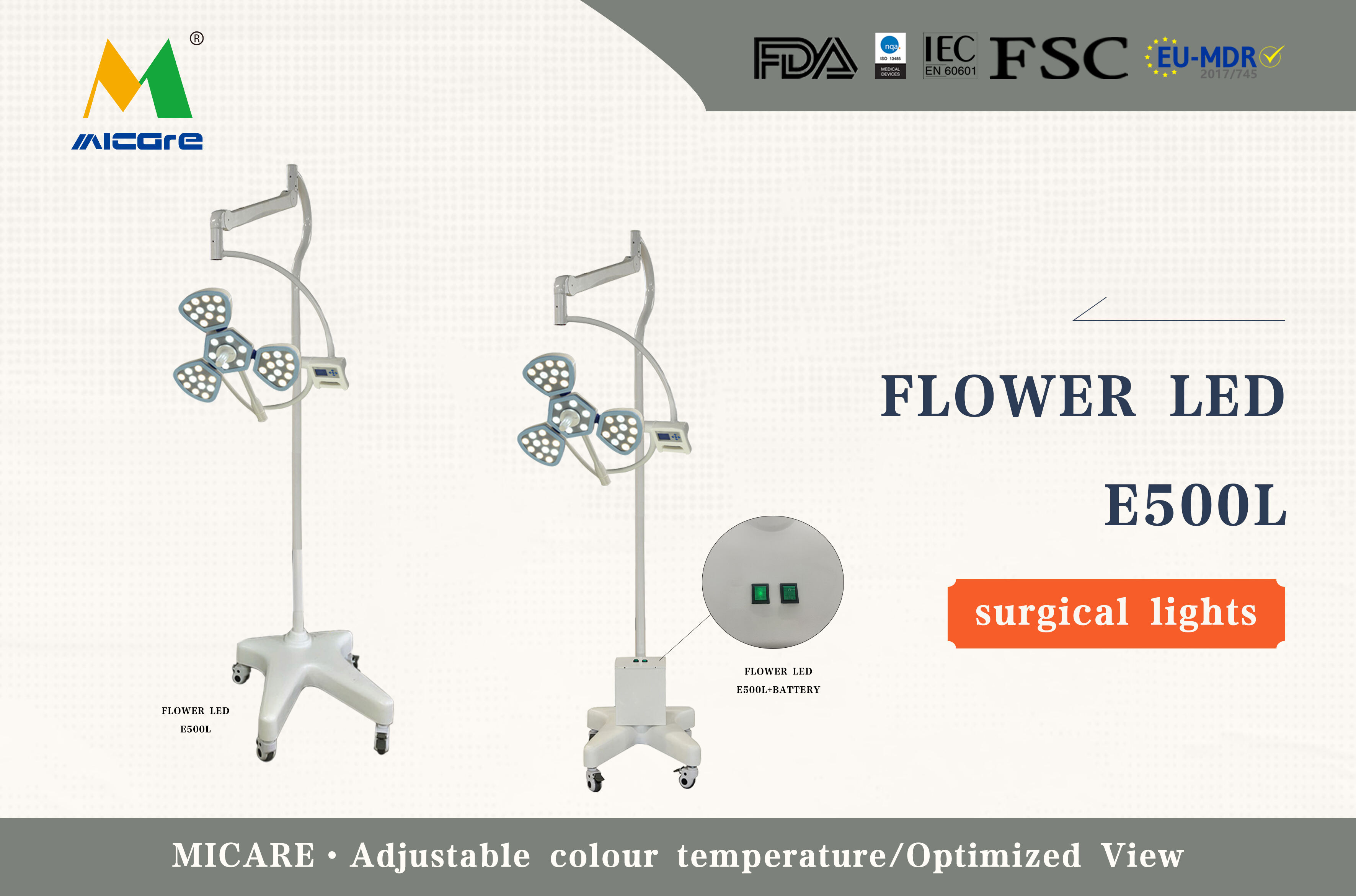 MICARE Flower led E500L Mobile operation OT light Surgery shadowless operating surgical lamp details