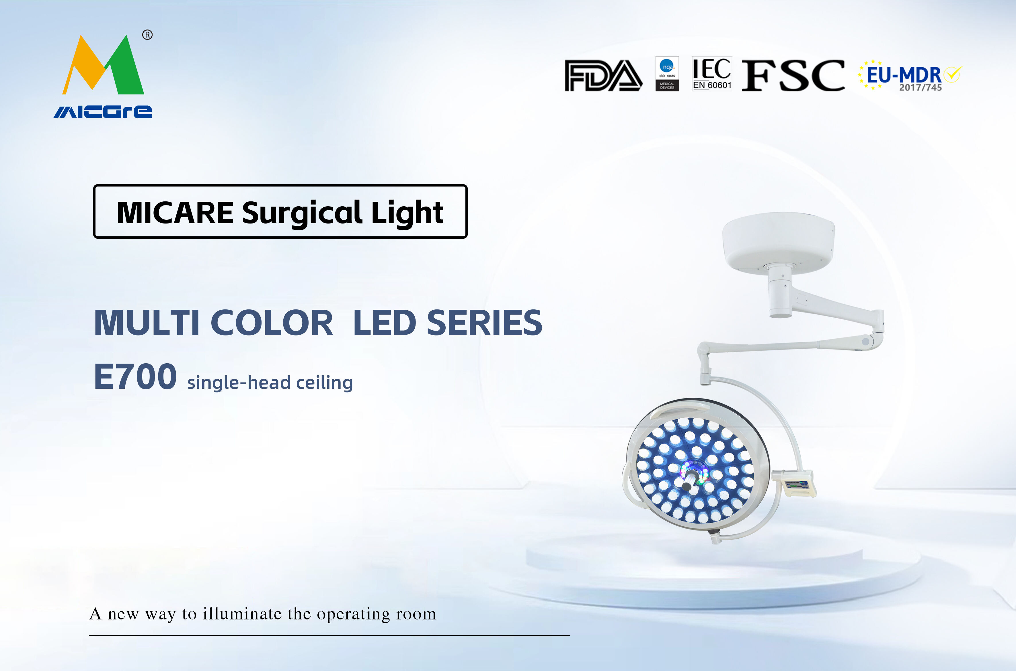 MICARE MULTI-COLOR E700 Medical surgery single head ceiling lamp LED shadowless lighting supplier