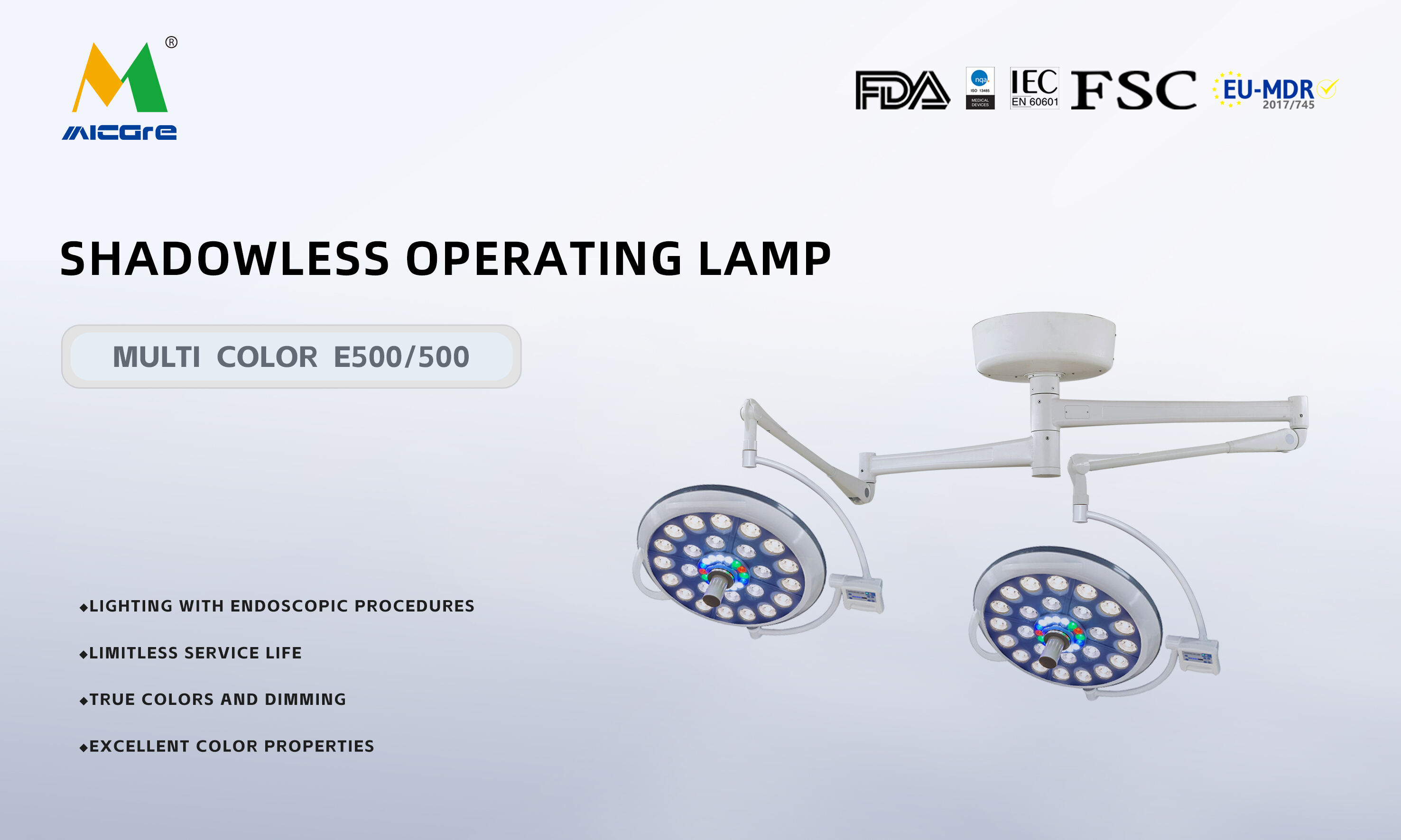 MICARE MULTI-COLOR E500/500 Operating room rotating double head light operating lamp details