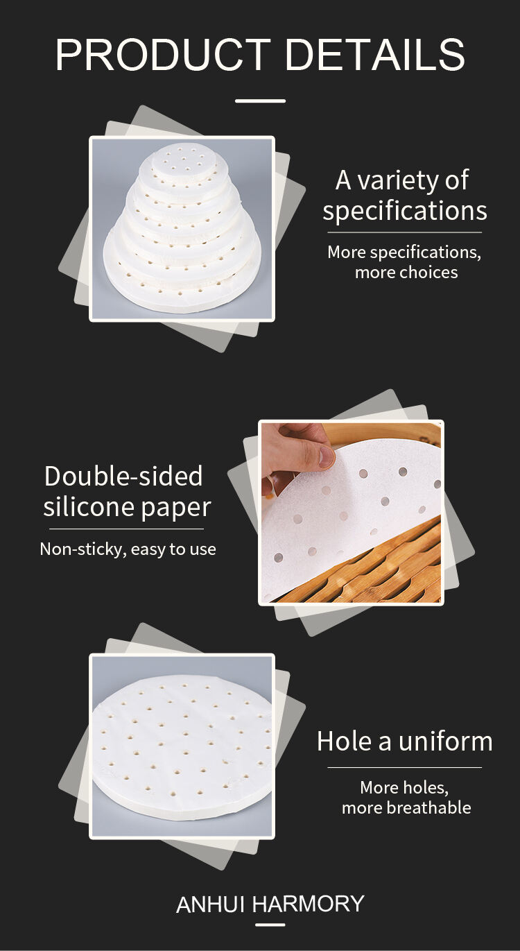 Good quality white round perforated steamer paper 500 sheet a pack non-stick paper liner factory