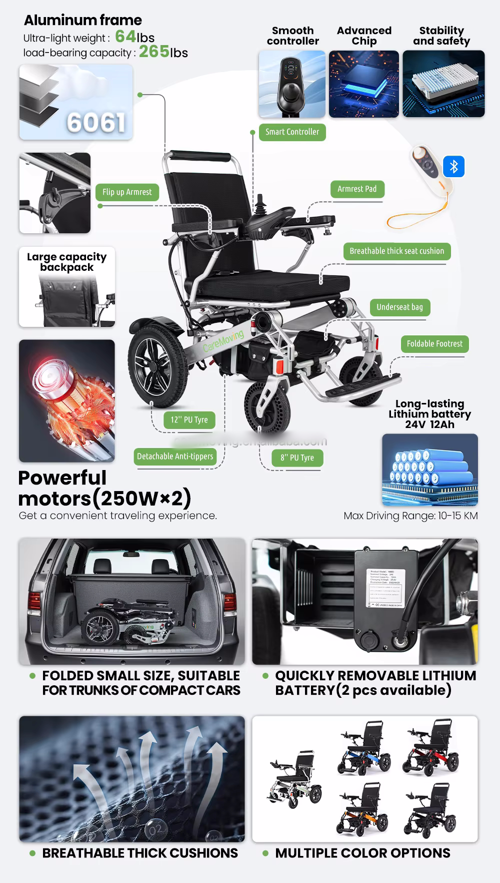 New foldable electric wheelchair aluminum lightweight power wheel chair with lithium battery manufacture