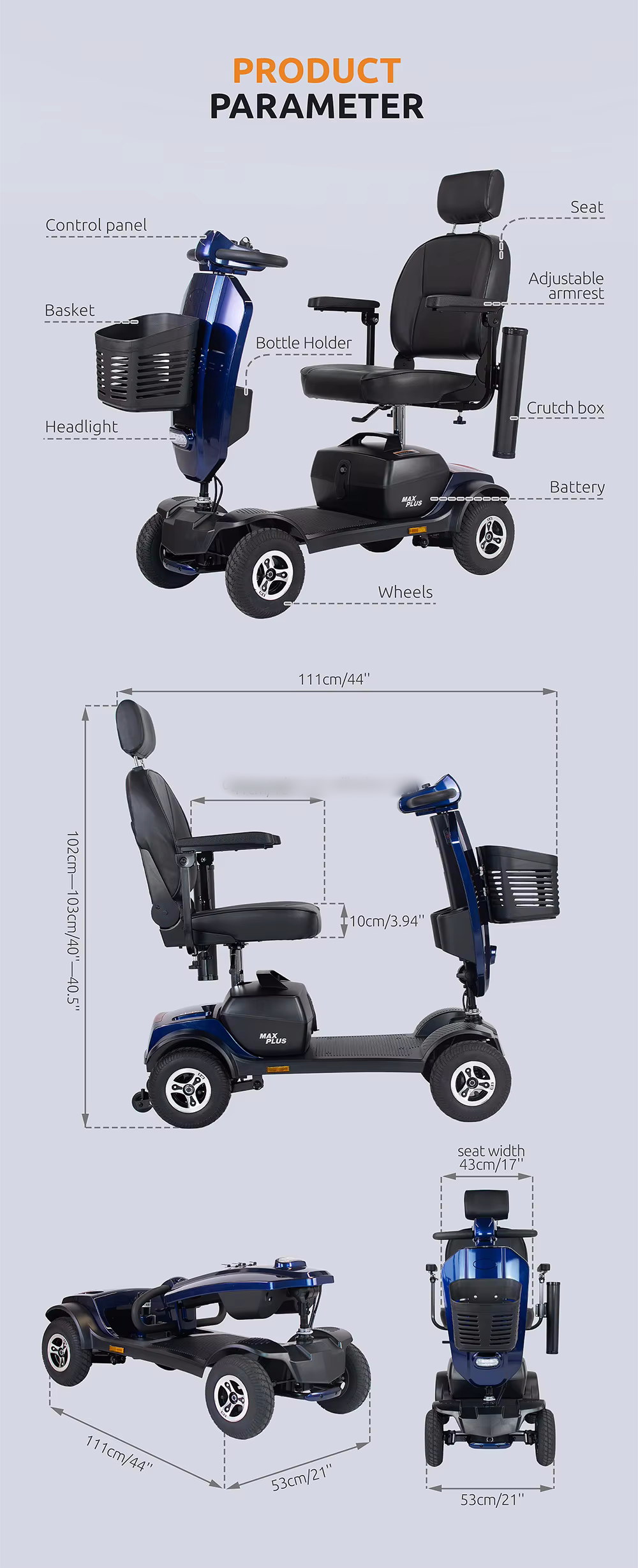 Professional Elderly Electric 4 Wheel mobility scooter elderly disabled shop mobility scooters For Elder Disabled People supplier