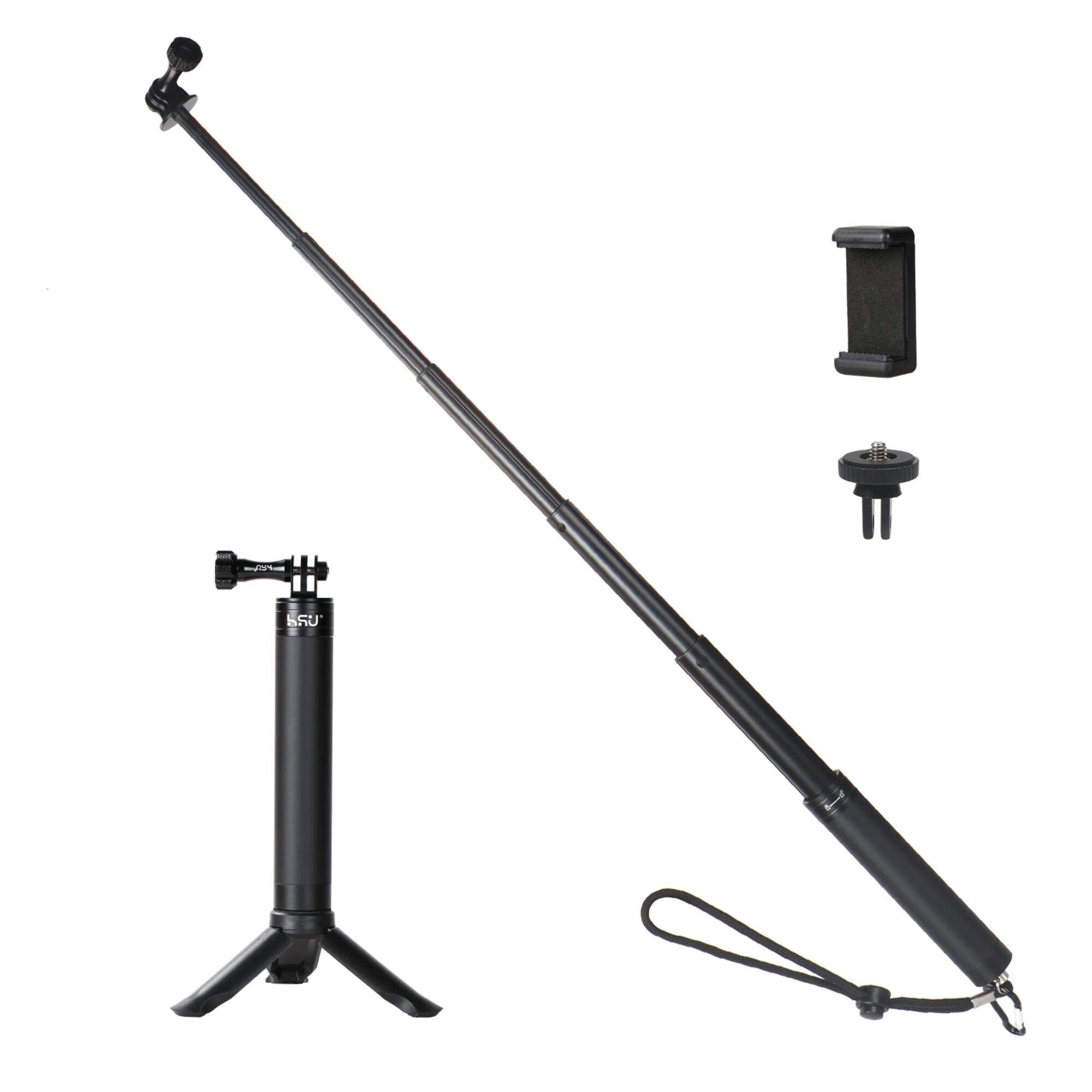 HSU Telescopic Selfie Stick Tripod Aluminum Alloy Pole for Go Pros Hero DJI OSMO Action Cameras Phone