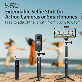 HSU Flexibler Teleskop-Twist-Lock-Einbeinstativ-Selfie-Stick mit Stativ für Go Pro Smartphone Insta360 Action-Kamera für GoPro Hero 12/11/10/9 Schwarz OSMO Action-Kamera