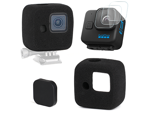 HSU Windslayer Cover et protecteur d'écran d'objectif pour GoPro Hero 11 Black Mini, Windslayer Cover (2 paquets) + protecteur d'écran (3 paquets) + capuchon d'objectif, réduction du bruit vidéo accessoire GoPro