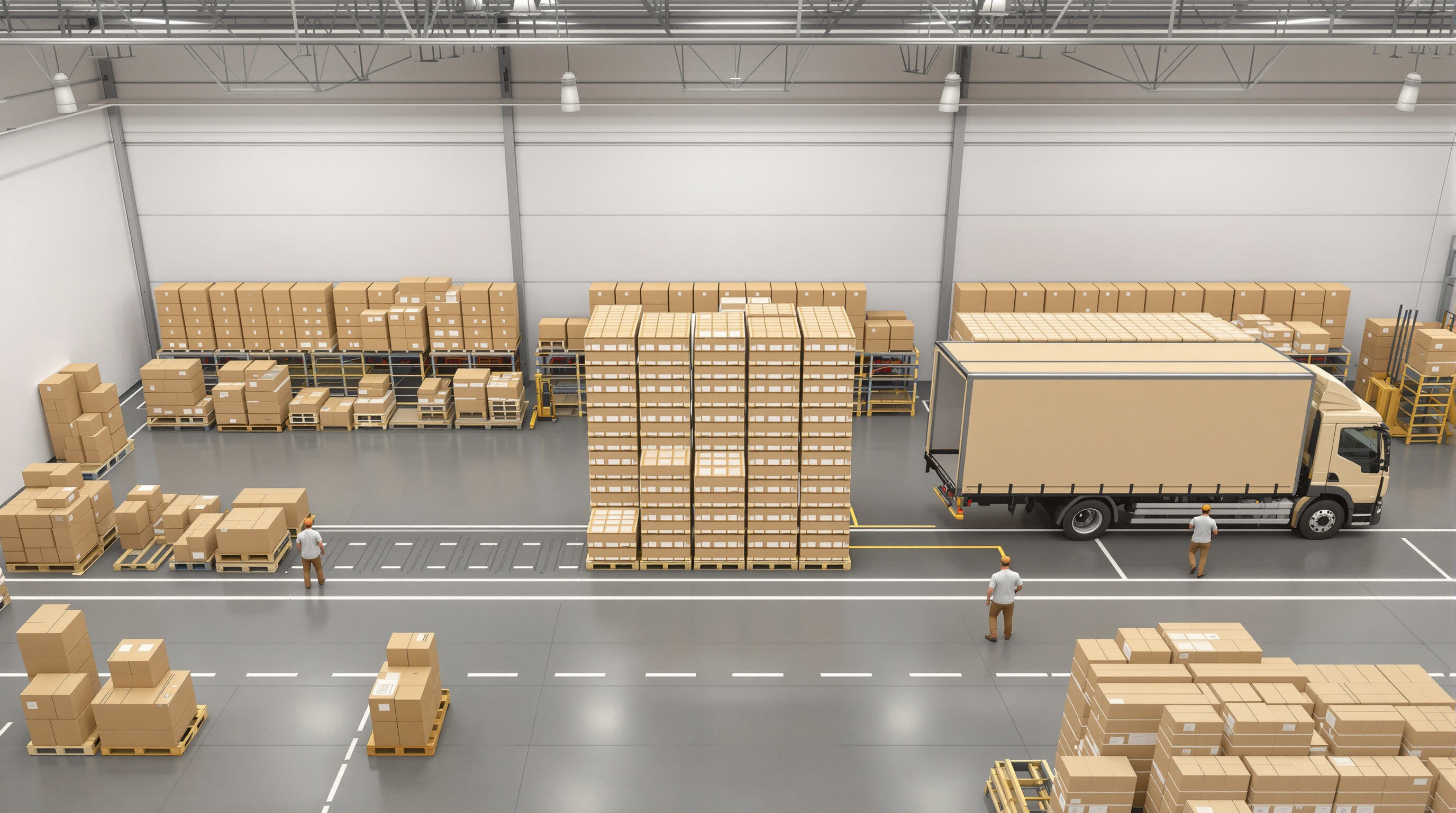 Warehouse scene showing small parcels, medium pallets, and a full truckload being loaded