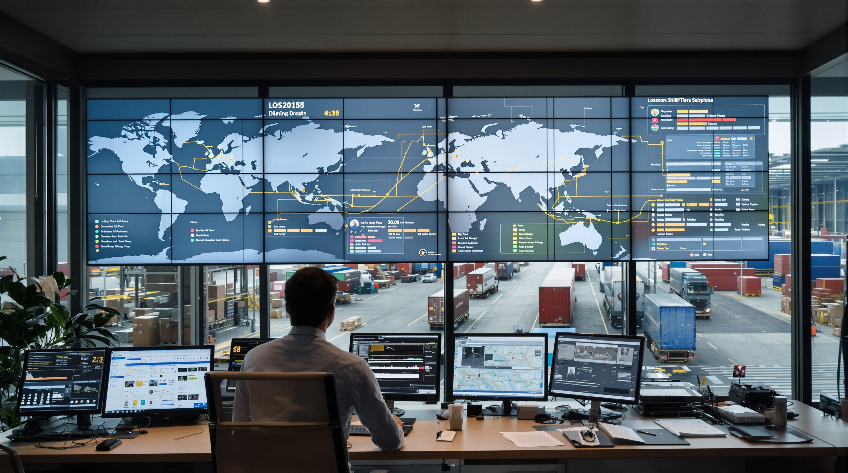 Photorealistic scene inside a logistics control room with digital shipment monitoring displays and visible warehouse operations