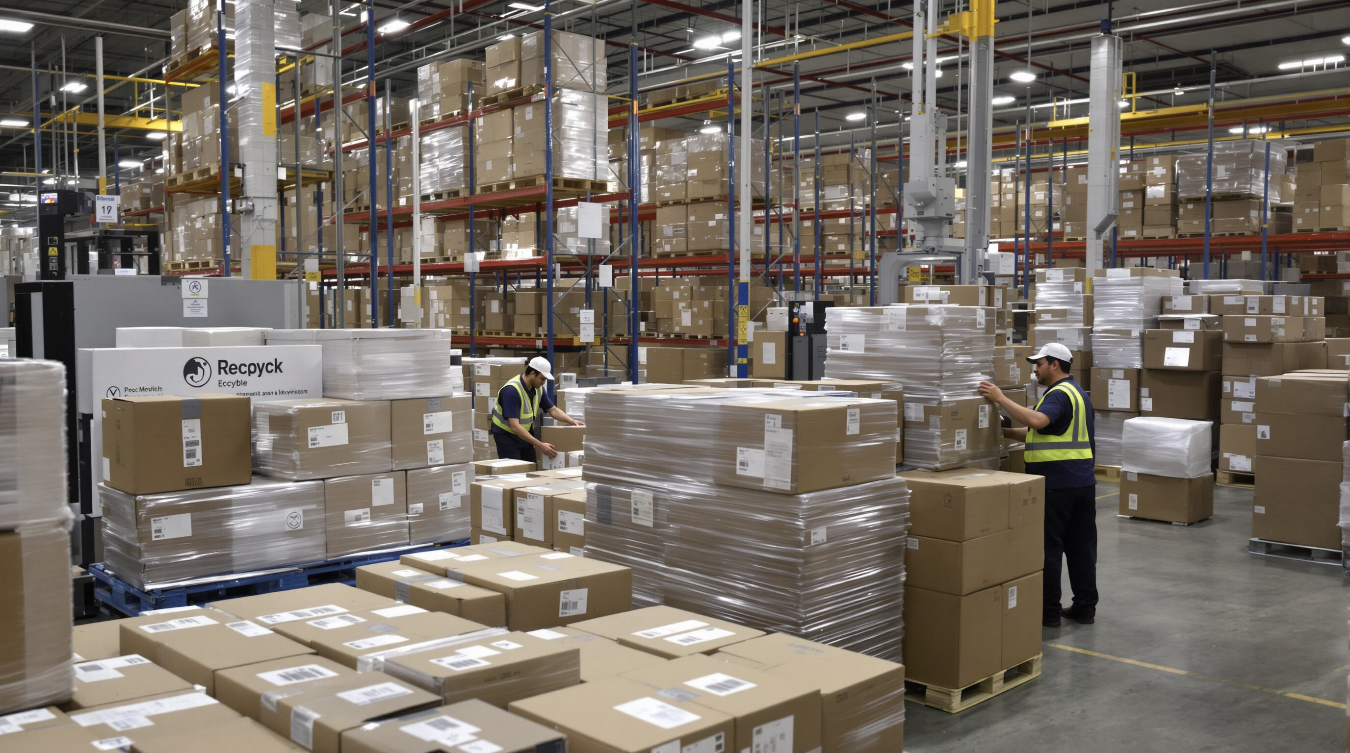 Fulfillment center close-up of workers scanning and stacking barcoded packages with recyclable boxes