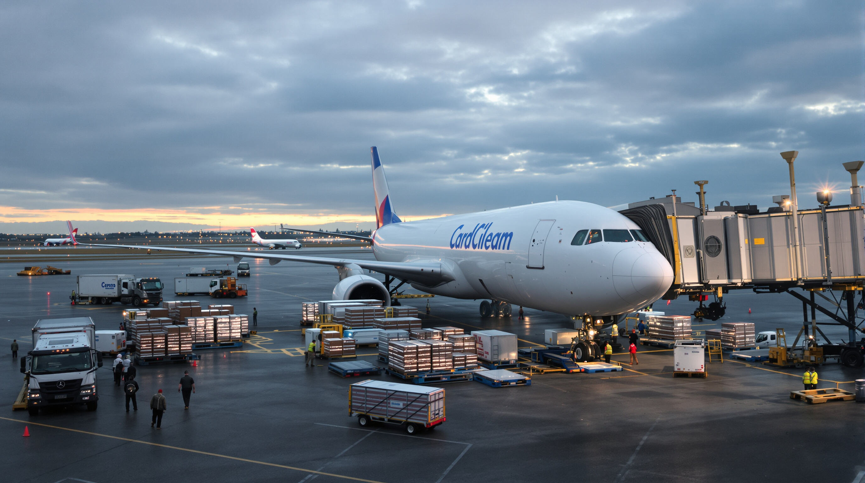 Realistic photo of a crowded airport cargo terminal with workers and trucks loading freight onto a large plane in the early morning.