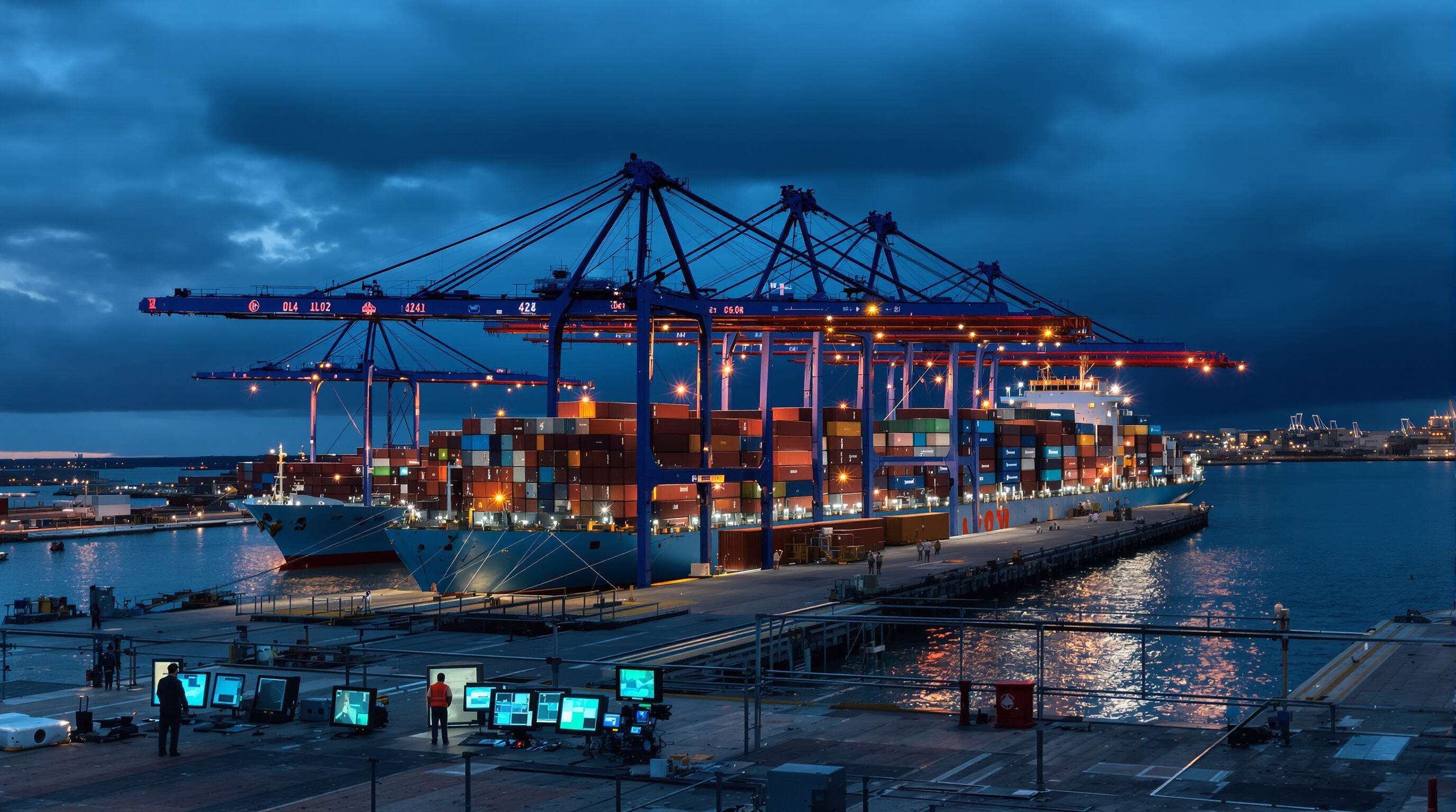 Photorealistic view of a bustling cargo port at dusk with containers being loaded and workers monitoring for delays