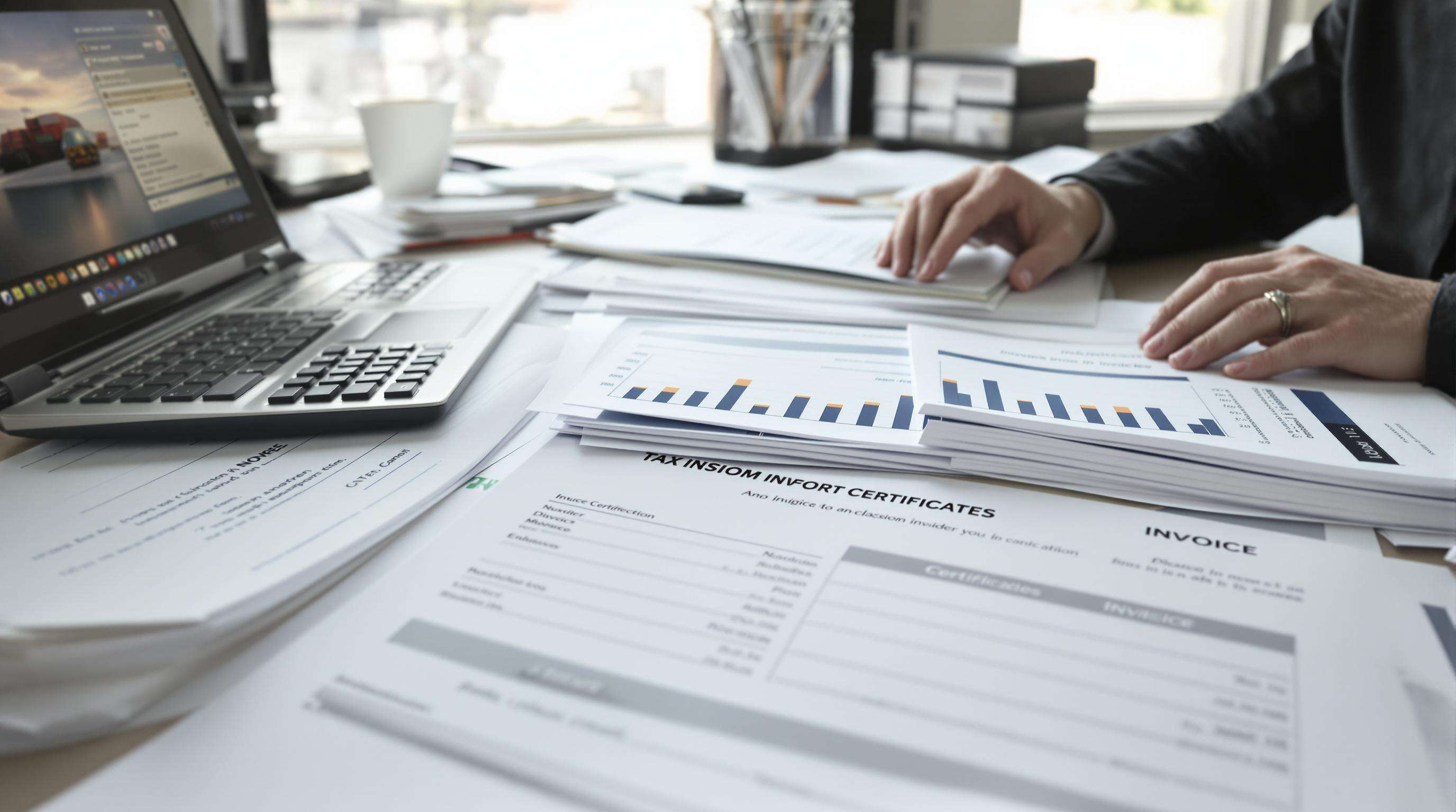 Businessperson analyzing DDP shipping paperwork and cost documents in office.