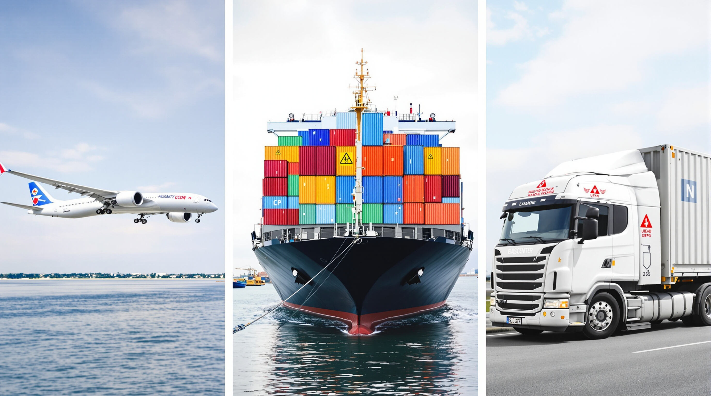 Airplane, cargo ship, and freight truck displaying hazardous goods containers in unified muted colors
