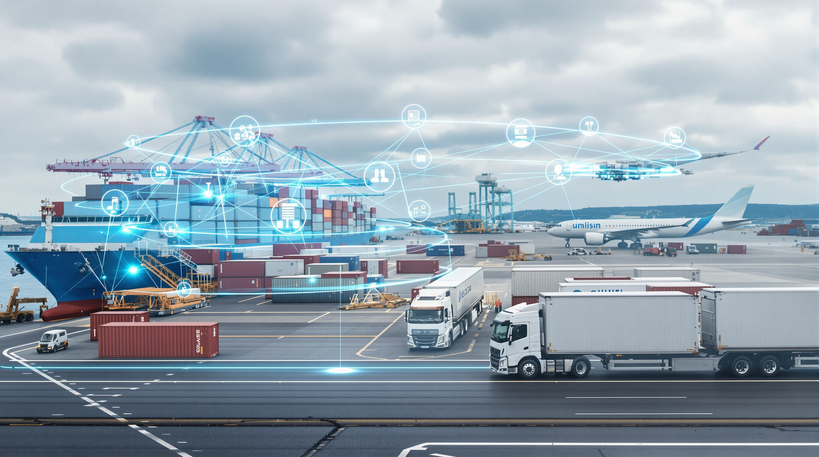 Cargo containers equipped with sensors moving between ship, airplane, and truck representing seamless tracking