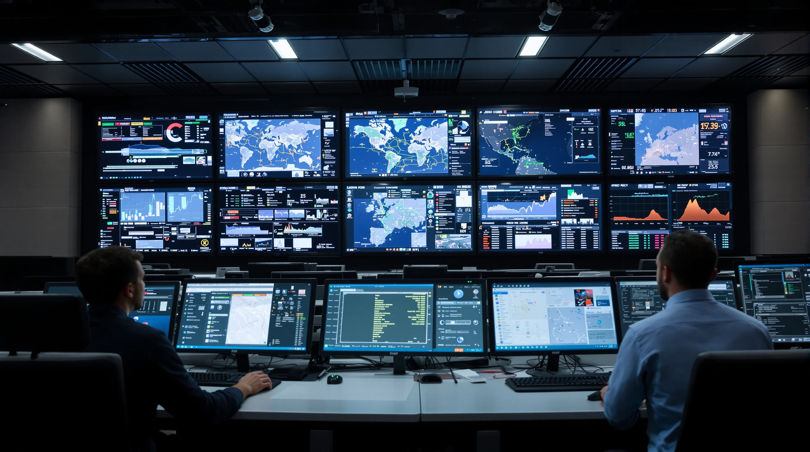 Technicians in a logistics control center monitoring global cargo using GPS, RFID, and IoT data feeds