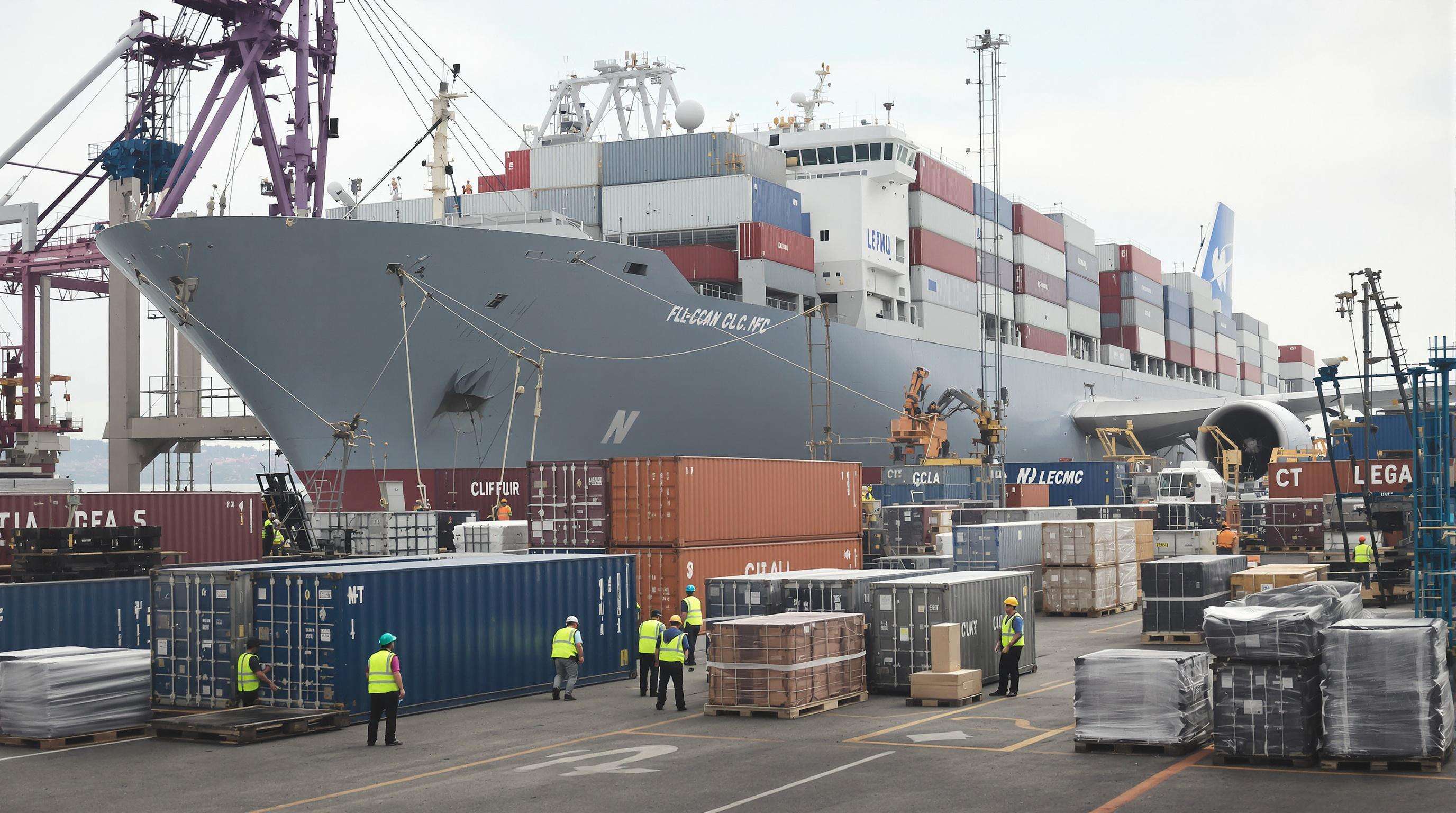 Modern shipping hub with cargo ship, airplane, and workers coordinating freight.