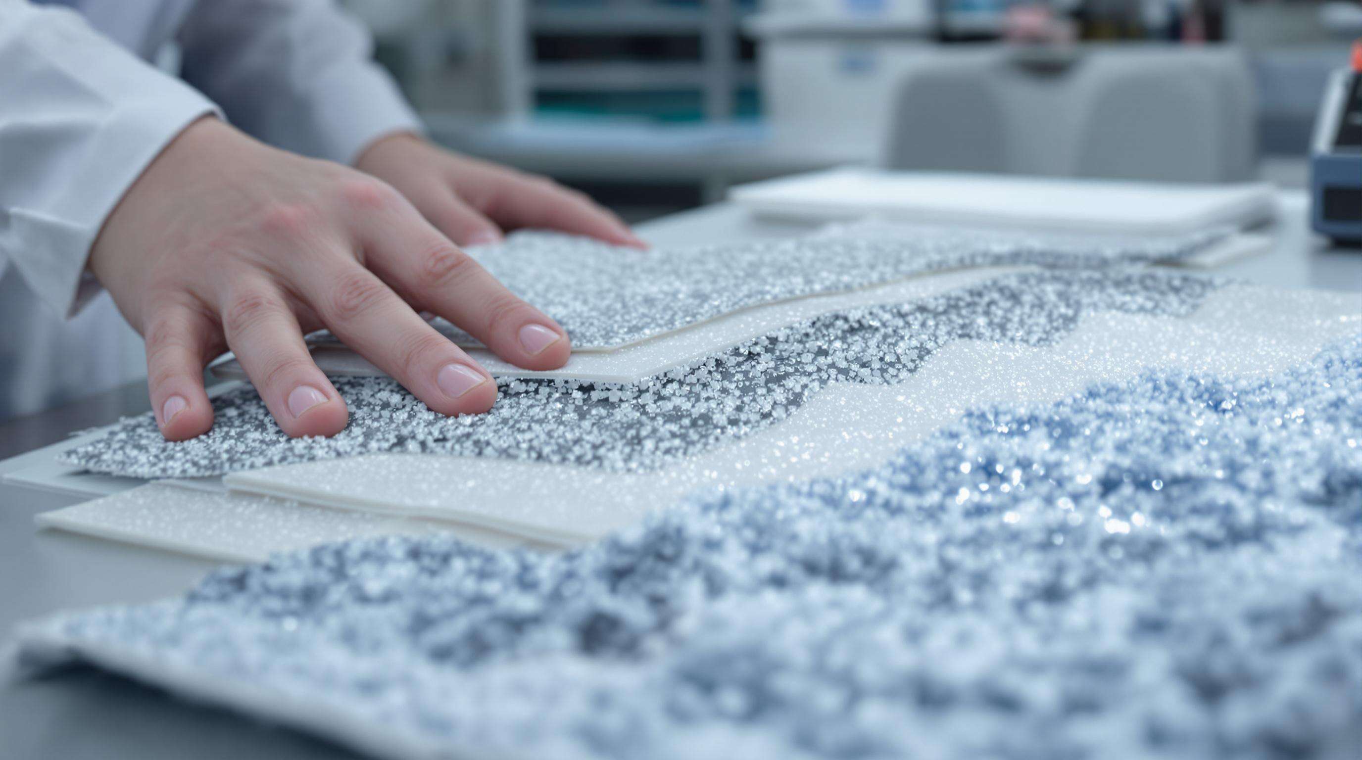 Hands inspecting innovative cold-resistant fabric layers with different materials in a lab setting