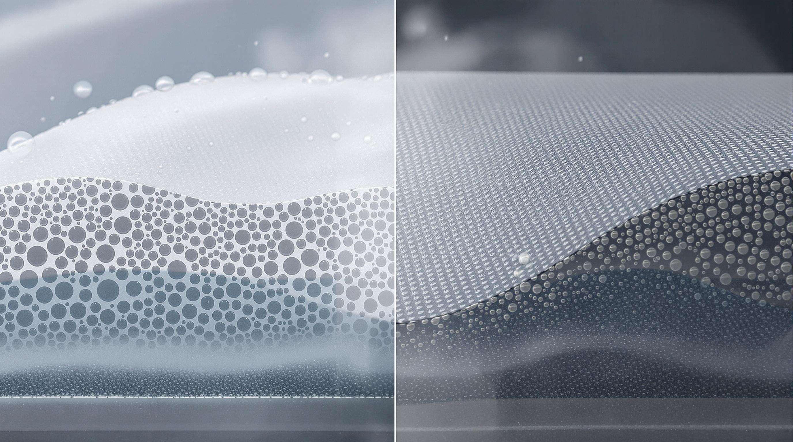 Microscopic view of two technical fabric cross-sections, one with visible pores and one smooth, demonstrating waterproof and breathable membrane technology