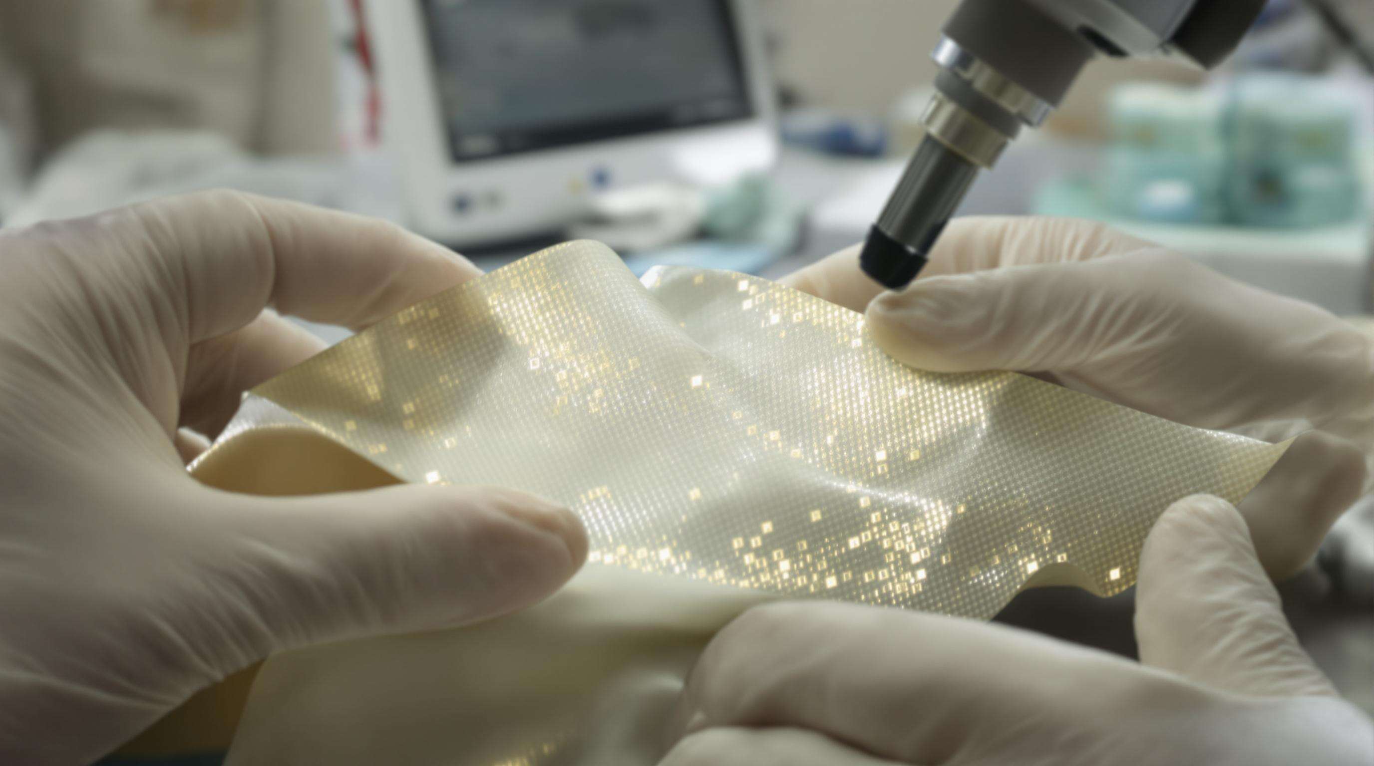 Scientists inspecting sustainable bite-resistant textiles with embedded sensors and nanofibers in a modern lab